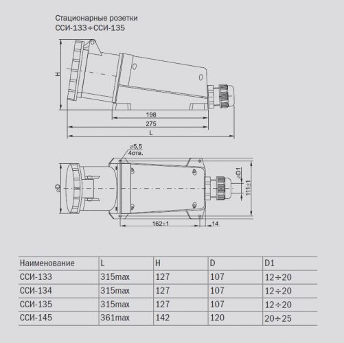 Розетка стационарная ИЭК 135 63А 380В 3Р+PЕ+N (PSR12-063-5) - фото 2