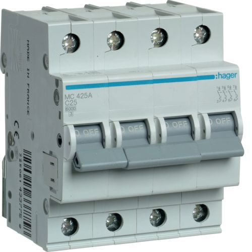 Автоматический выключатель Hager 4P 6kA C-25A 4M (MC425A) - фото 1